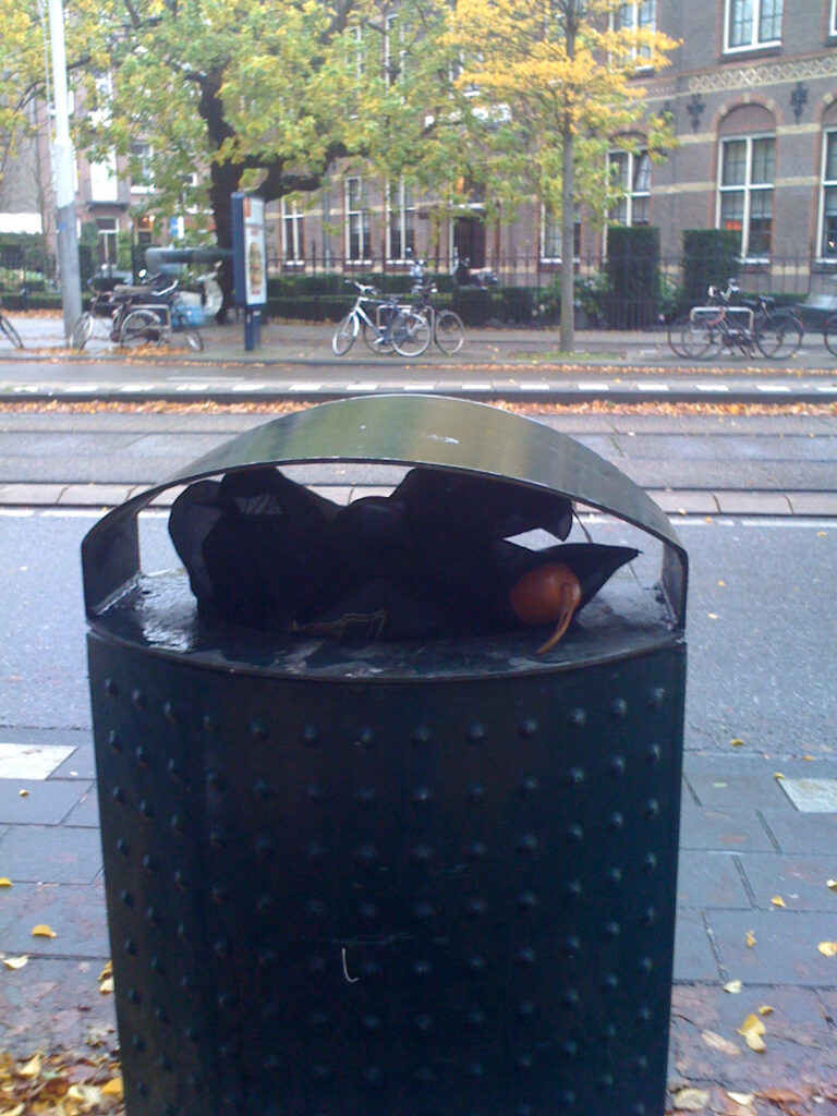 A folding brolly, black canopy and wooden (fake?) handle. Bin is a typical green Amsterdam bin. Background is some street and tram track. In one picture there’s van passing by, in another a tram.